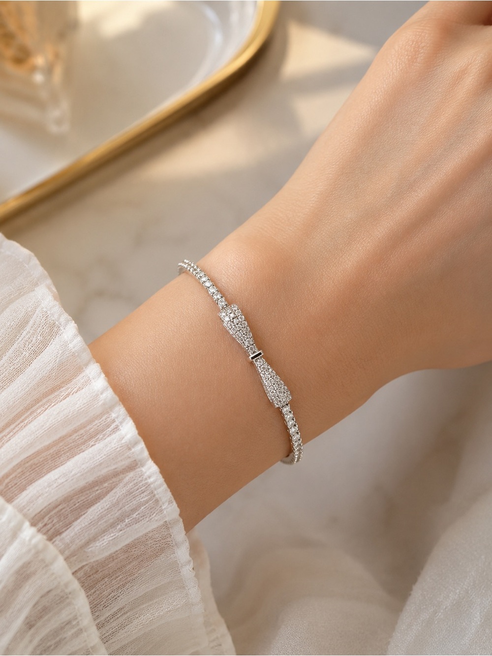 Sterling Silver Plated Crystal Bow Bracelet – Elegant Adjustable Slider Bracelet